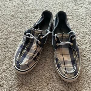 Sperry Plaid Top Sider Boat Shoes Women's Size 8.5 Blue White w/ Laces